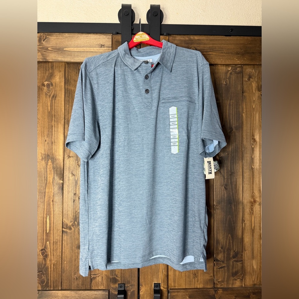 Duluth Trading Co Heathered Light Gray Men’s Polo with Vertical Logo